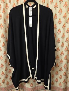 Chico's Black Open-Front Sweater with Cream Trim
